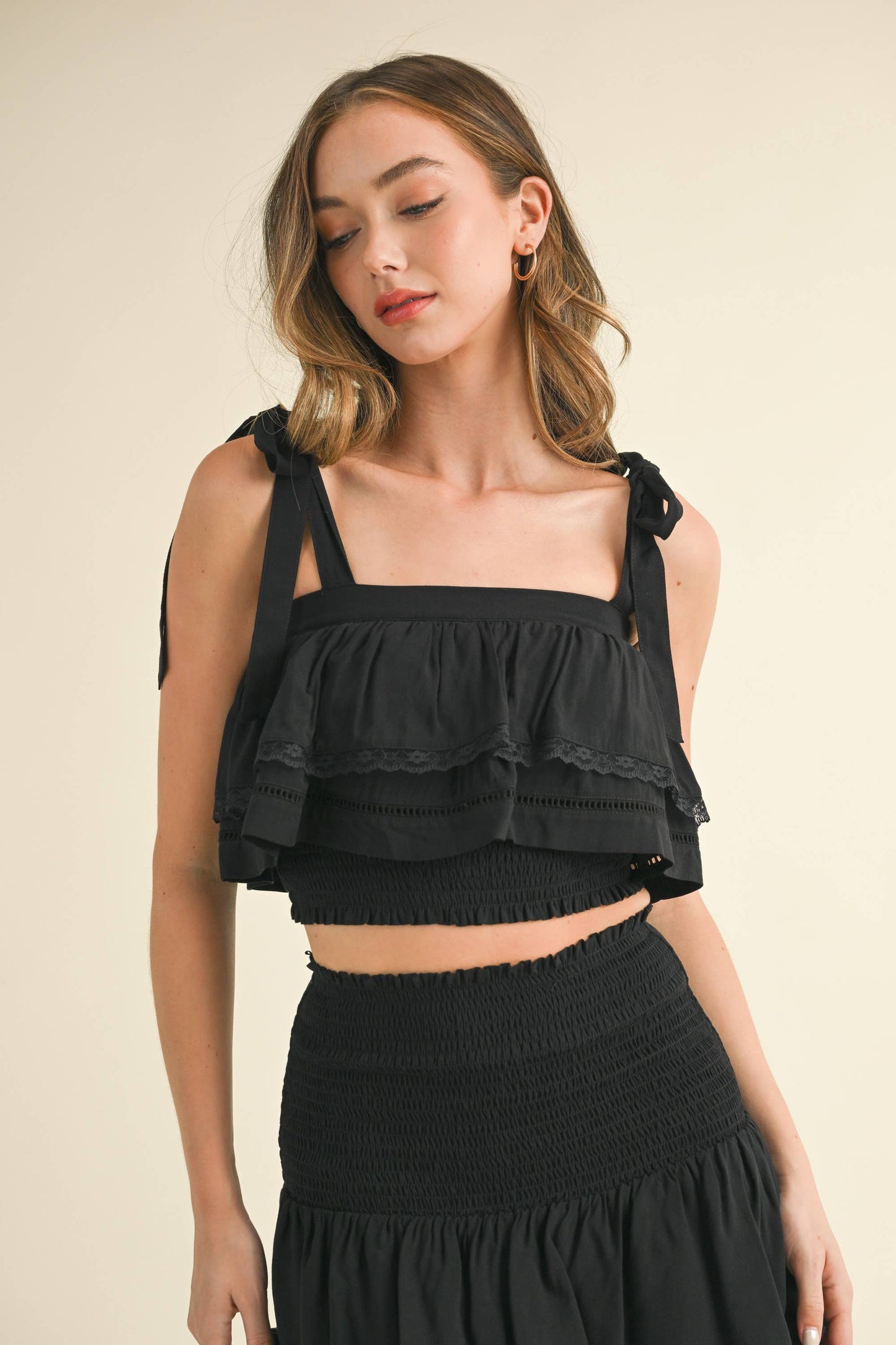 IST5600 LACE INSERT SMOCKING SKIRT AND CROP TOP SET