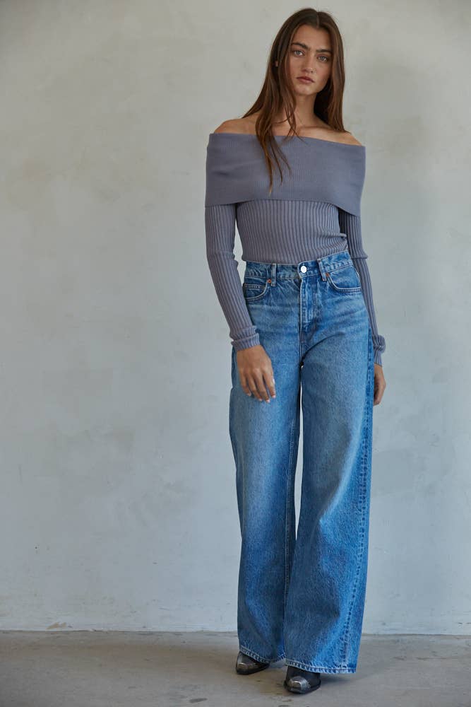 W1695 | Knit Sweater Ribbed Foldover Off The Shoulder Top