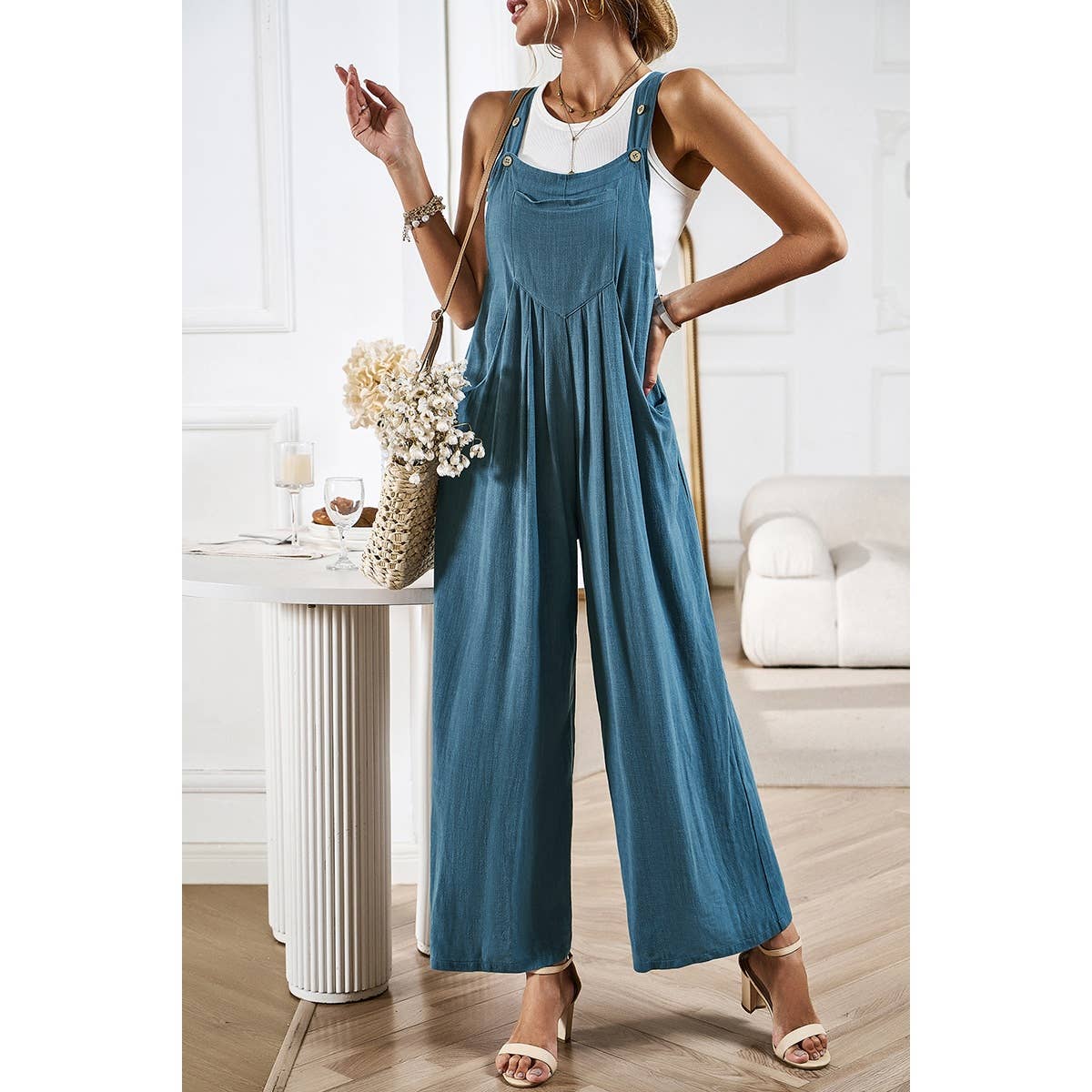 Solid Wide Leg Pocketed Shoulder Tie Overalls