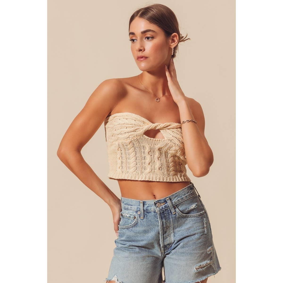 TWISTED FRONT CABLE KNIT CROCHET SUMMER TUBE TOP