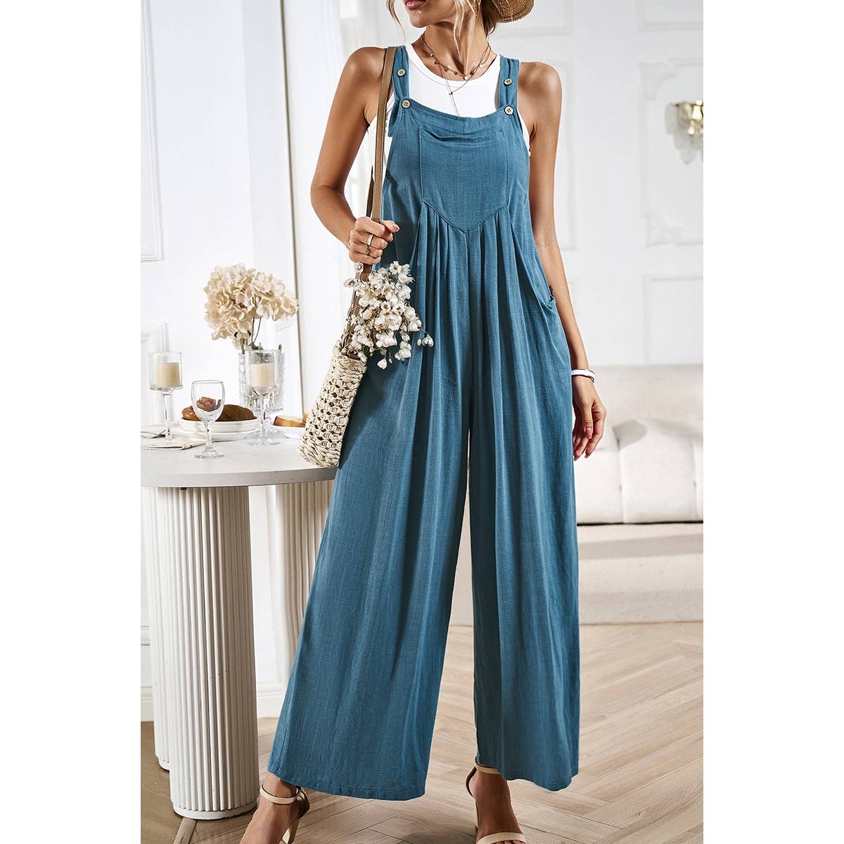 Solid Wide Leg Pocketed Shoulder Tie Overalls