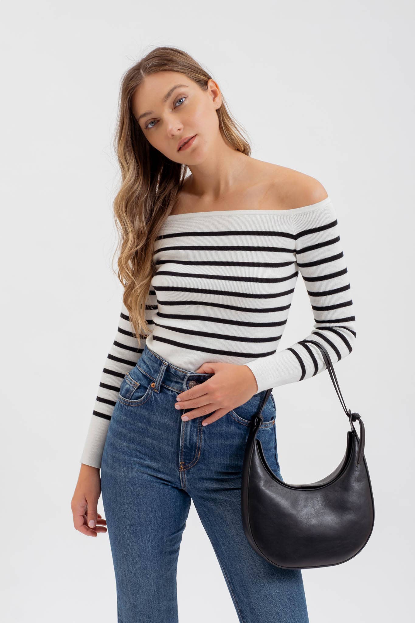 STRIPE OFF THE SHOULDER LONG SLEEVE KNIT SWEATER