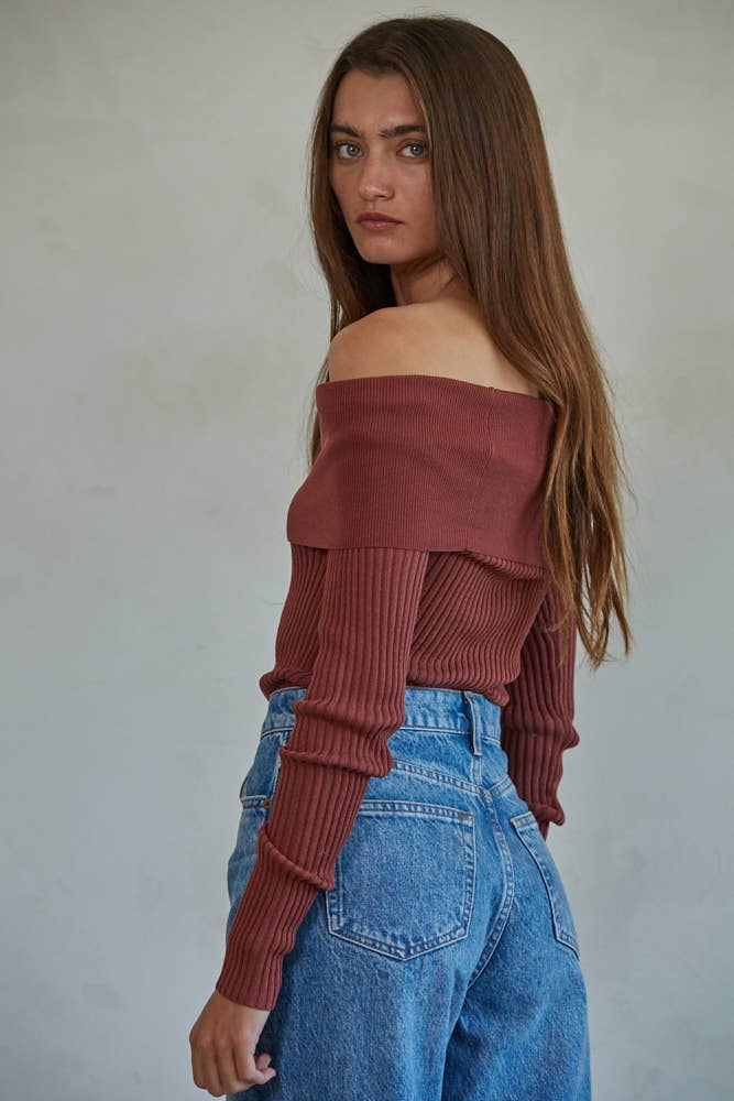 W1695 | Knit Sweater Ribbed Foldover Off The Shoulder Top