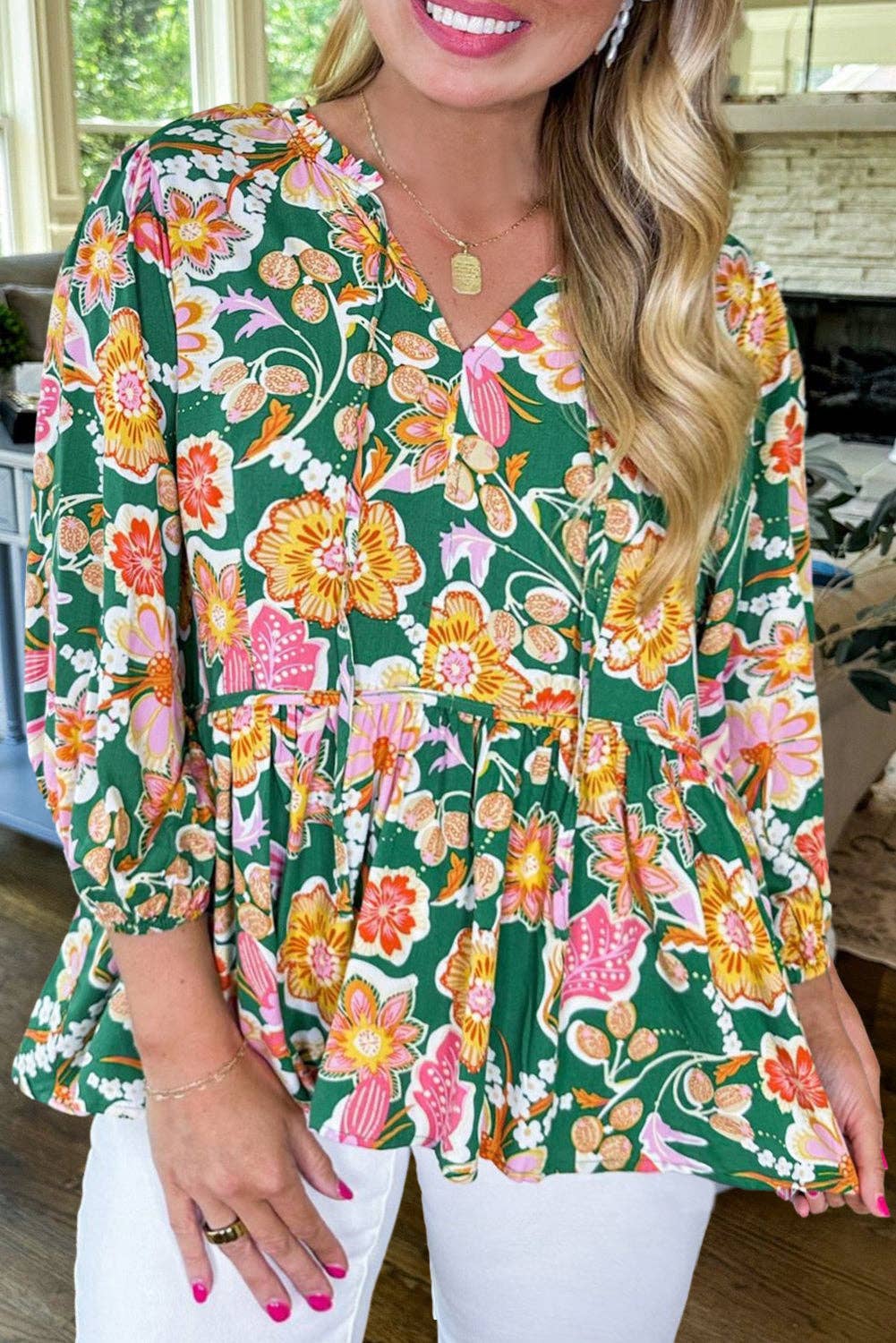 Floral Tied V-Neck 3/4 Sleeve Blouse Plus Size