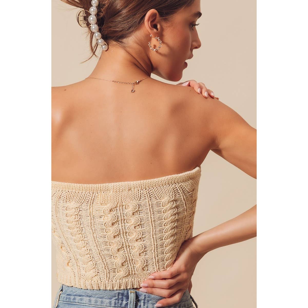 TWISTED FRONT CABLE KNIT CROCHET SUMMER TUBE TOP