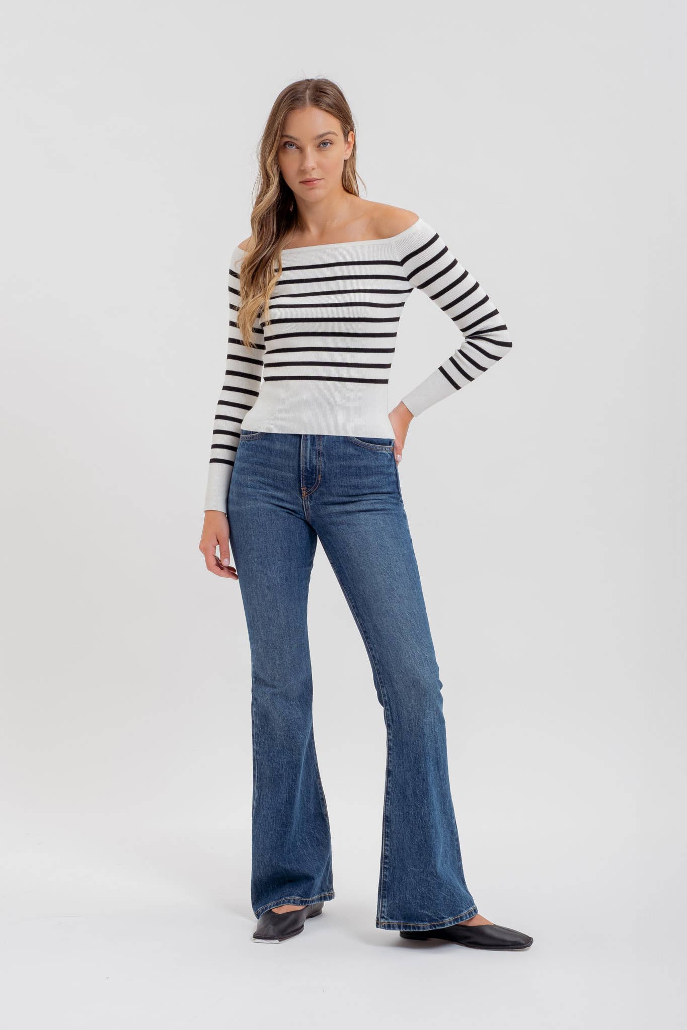 STRIPE OFF THE SHOULDER LONG SLEEVE KNIT SWEATER