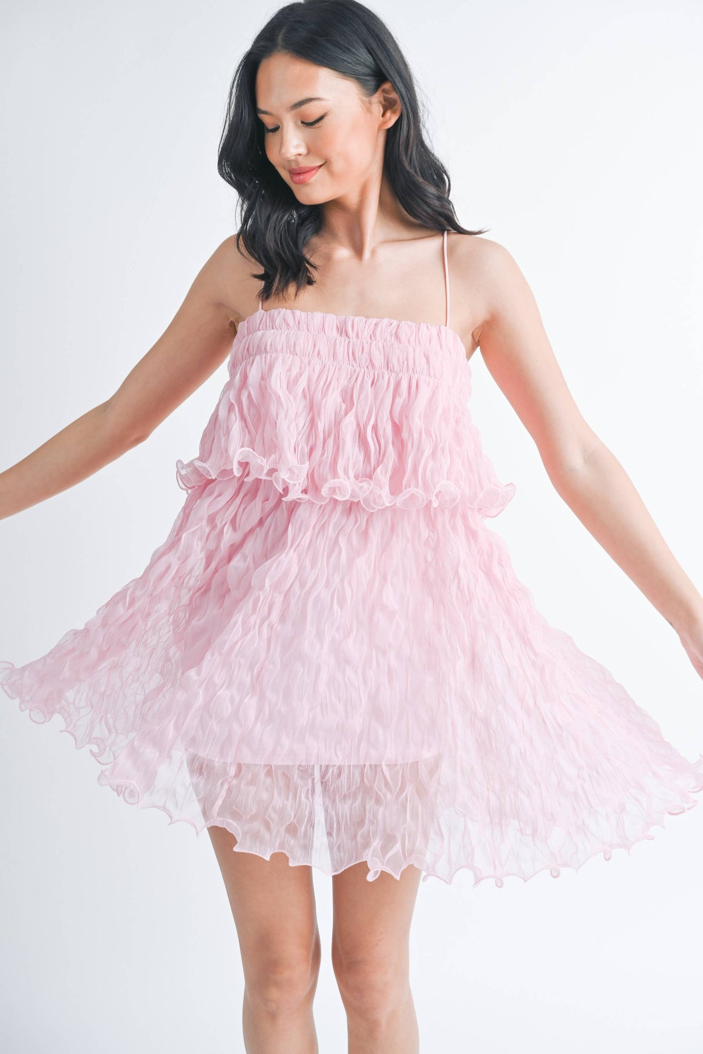 ID7877 PLEATED TULLE RUFFLED TIERED MINI DRESS