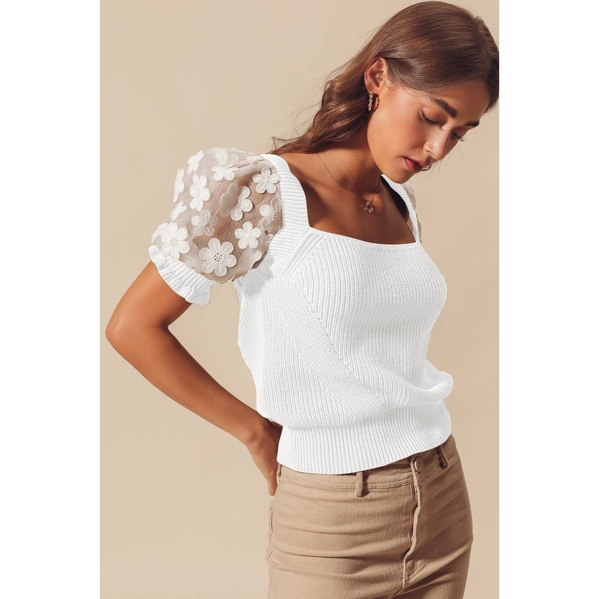 FLORAL LACE PUFF SLEEVE SQUARE NECK KNIT SWEATER