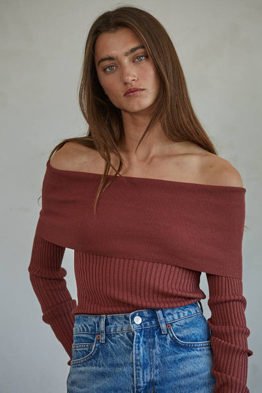 W1695 | Knit Sweater Ribbed Foldover Off The Shoulder Top