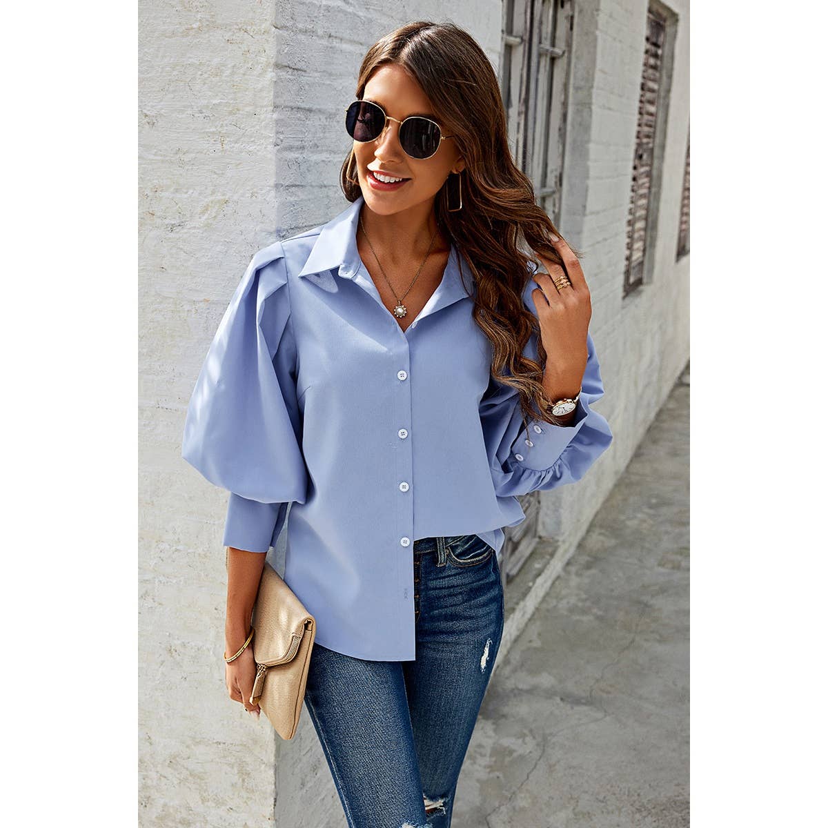 Puff Wide Sleeves Button Up Loose Fit Blouse