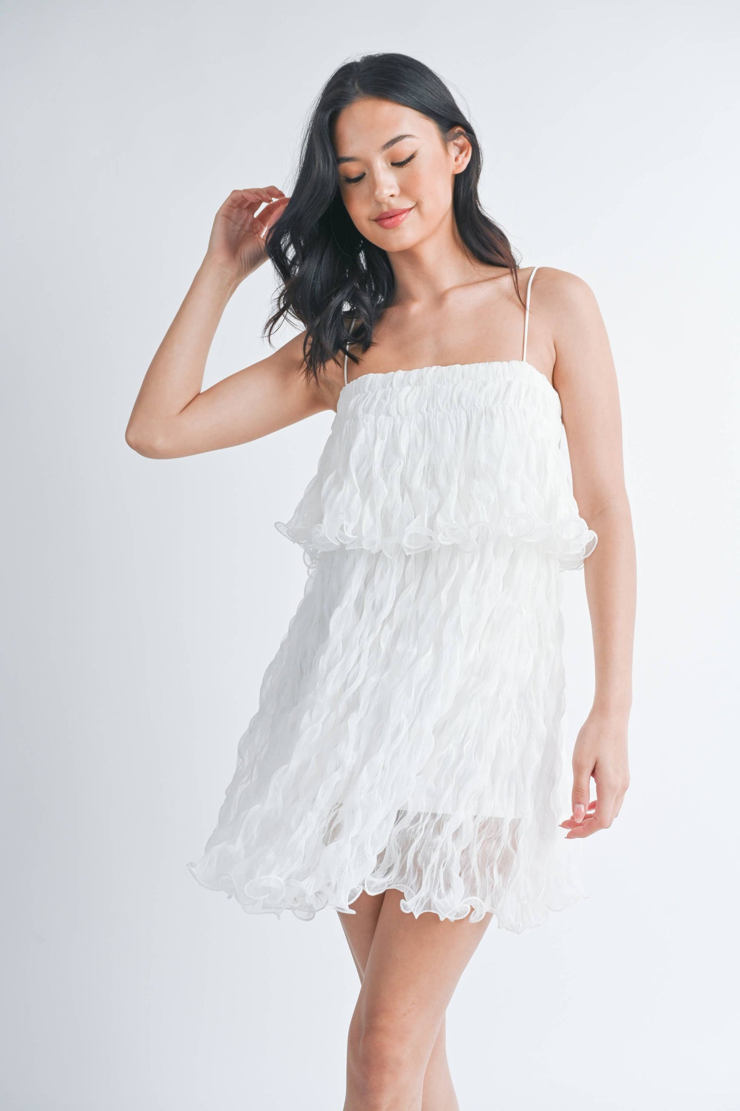 ID7877 PLEATED TULLE RUFFLED TIERED MINI DRESS