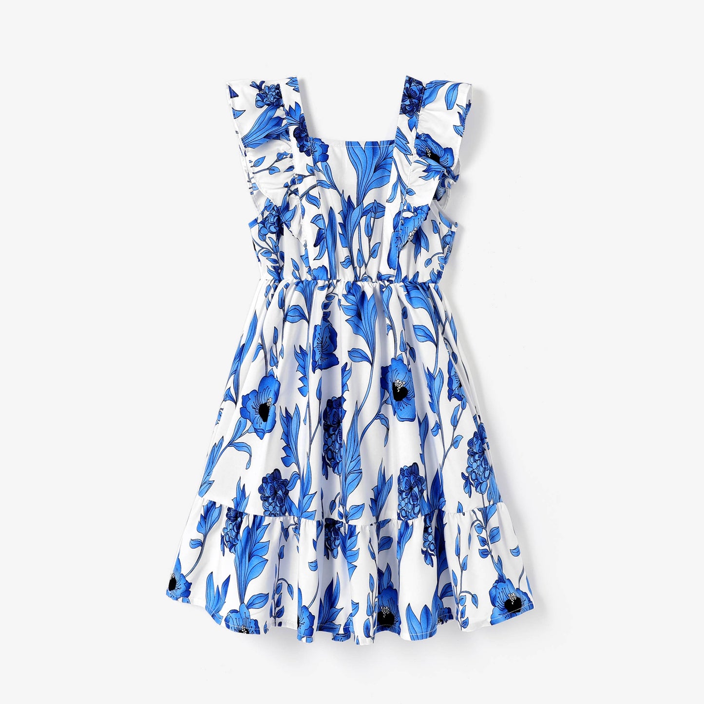 Mommy and Me Blue Floral Shirred Top Ruffle Hem Strap Dress