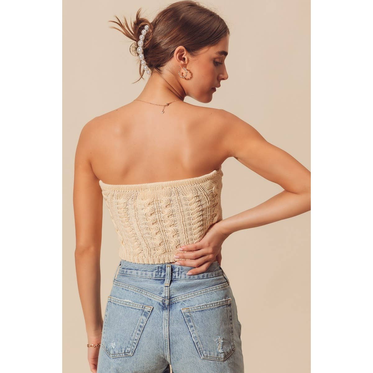 TWISTED FRONT CABLE KNIT CROCHET SUMMER TUBE TOP