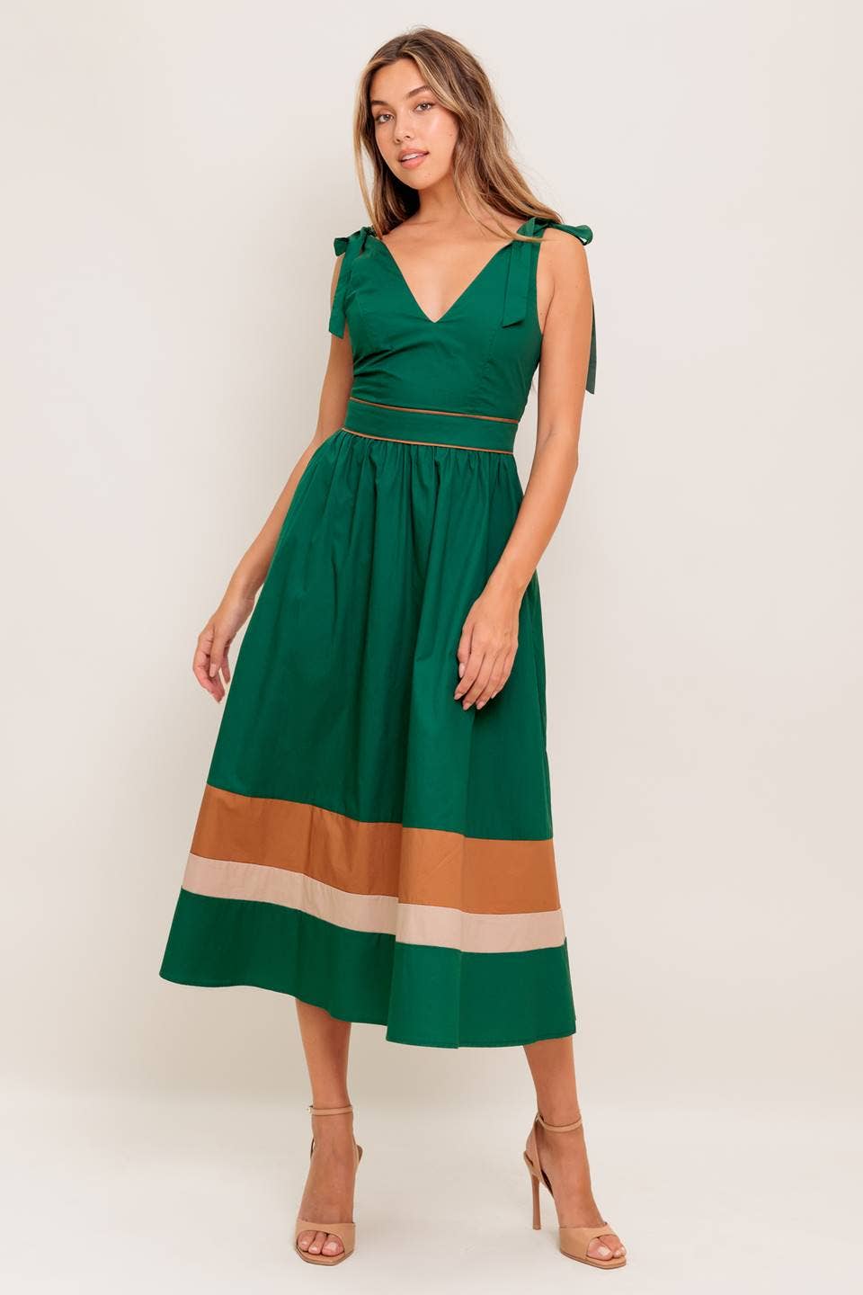 A solid woven color blocked midi dress - ID22698