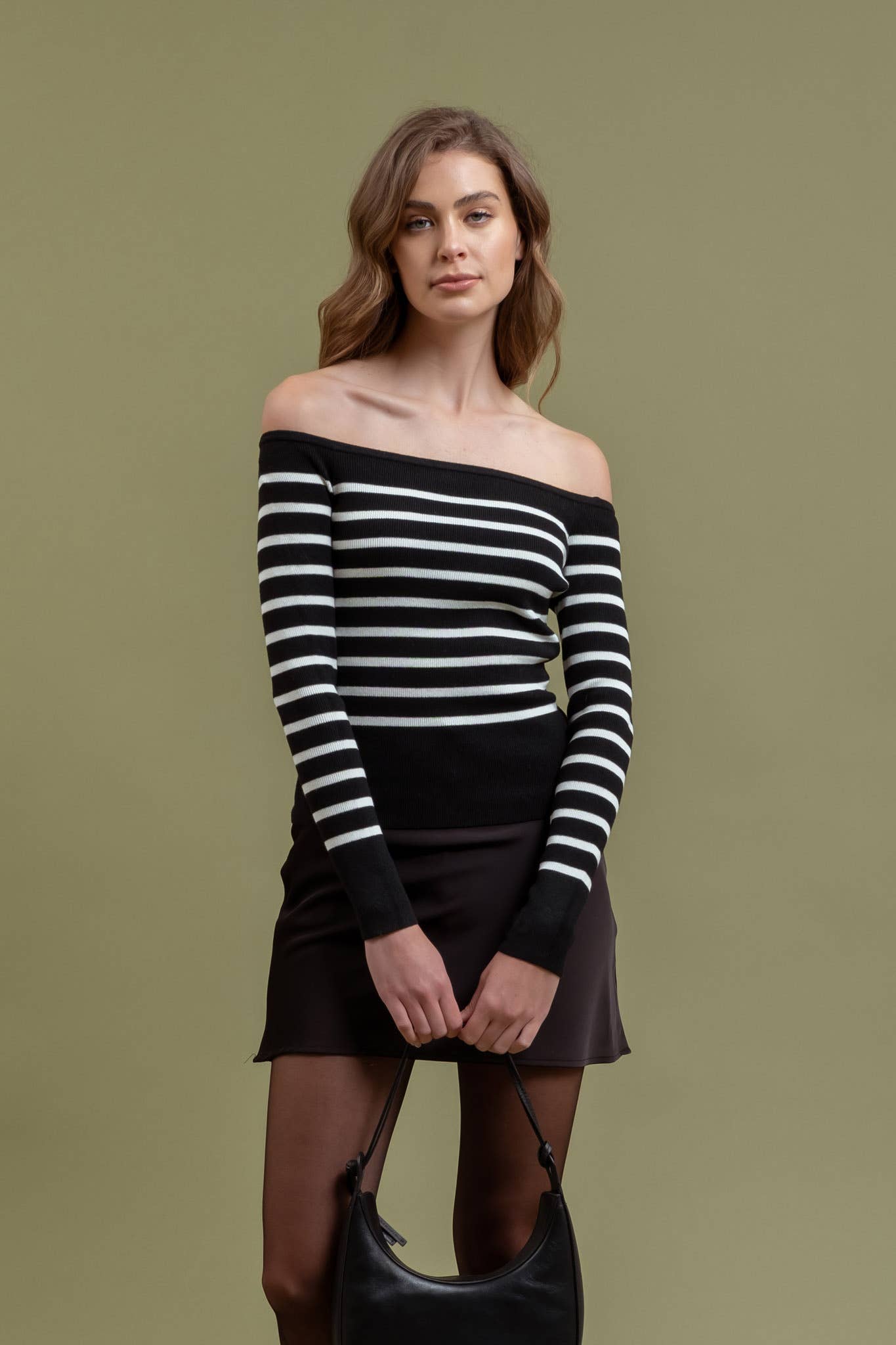 STRIPE OFF THE SHOULDER LONG SLEEVE KNIT SWEATER