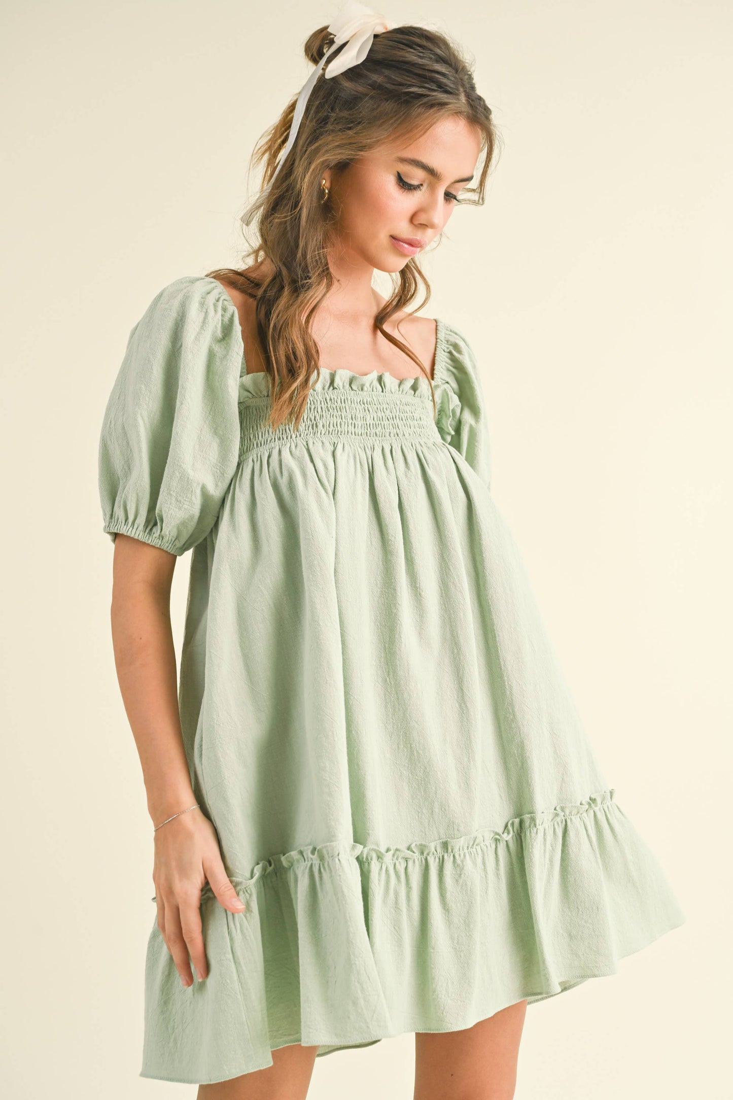 ID7048 PUFF SLEEVE SMOCKING BABY DOLL DRESS