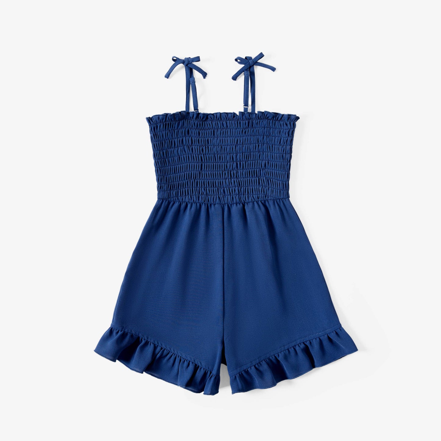 Mommy and Me Navy Blue Shirred Top Ruffle Hem Strap Romper