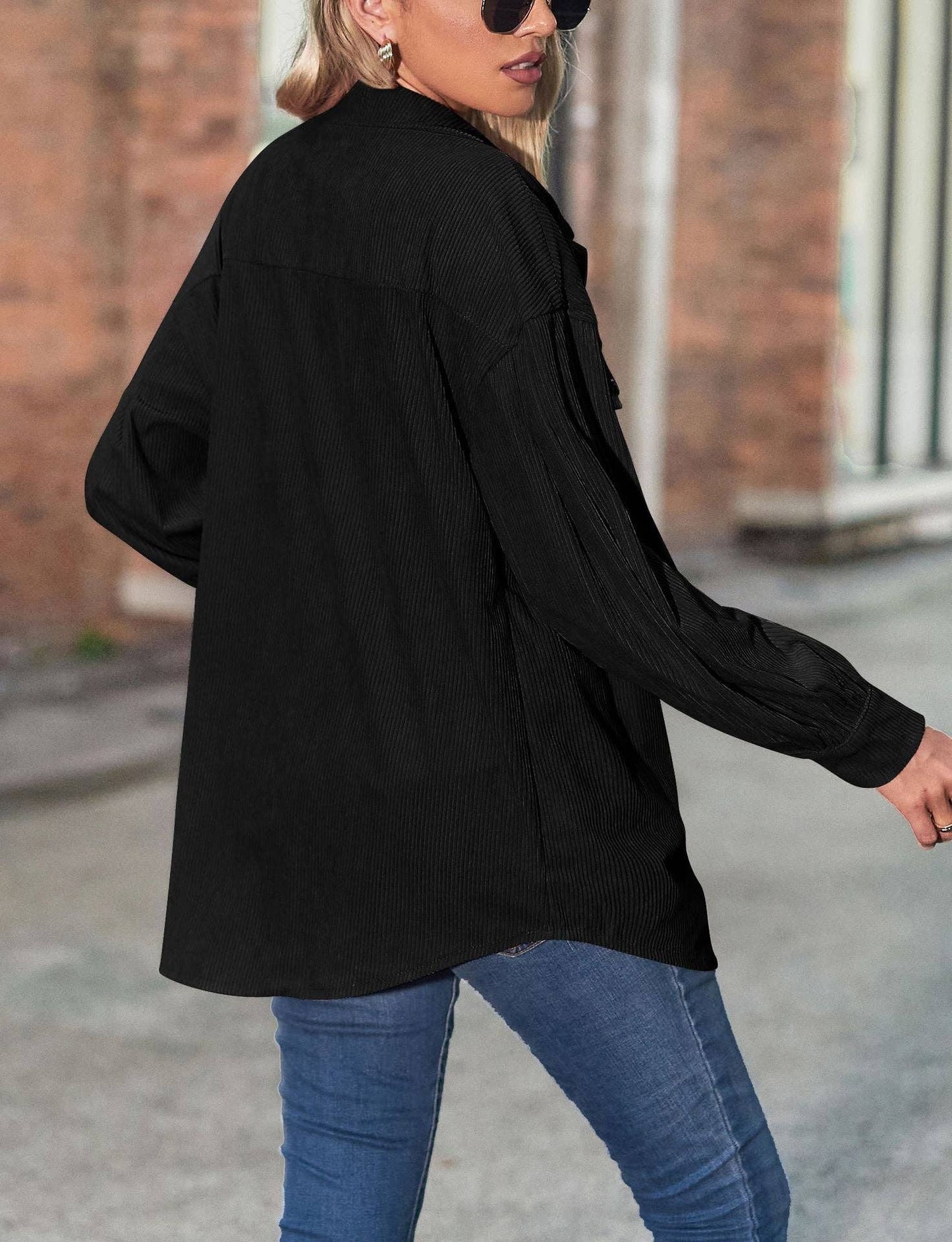 Women's Casual Loose Lantern Sleeve Corduroy Shirt