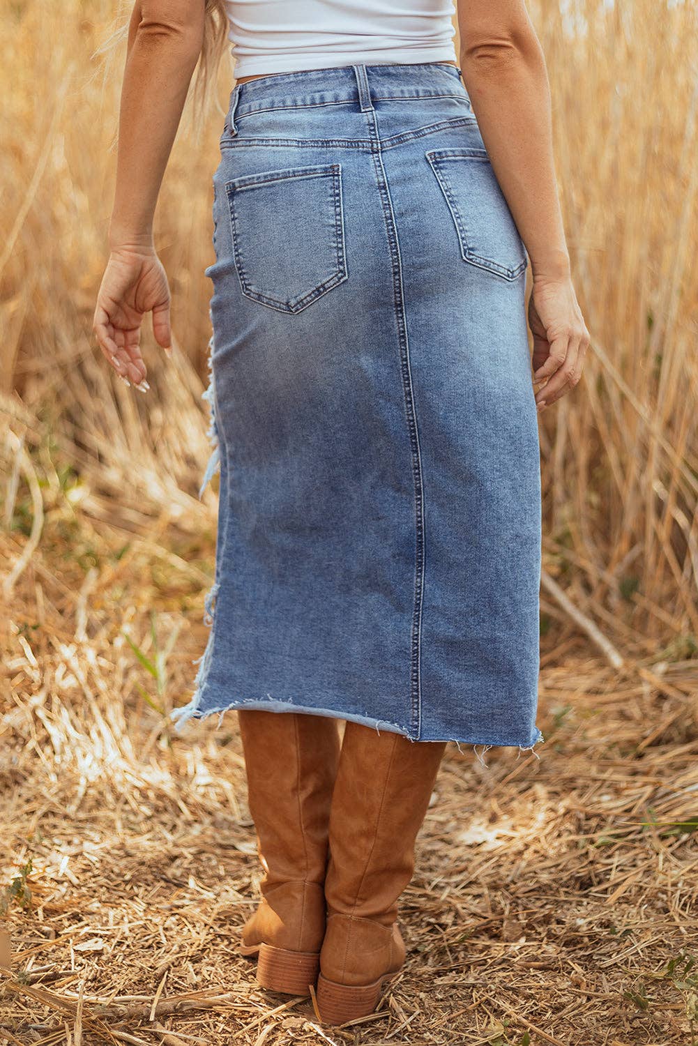 Denim Distressed Midi Skirt