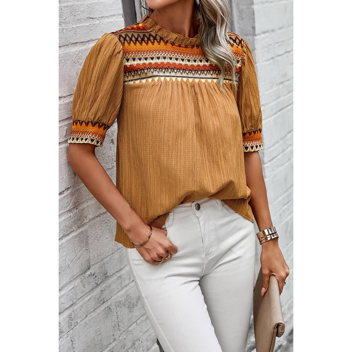 Strip Ruched Color Block Puff Sleeves Top