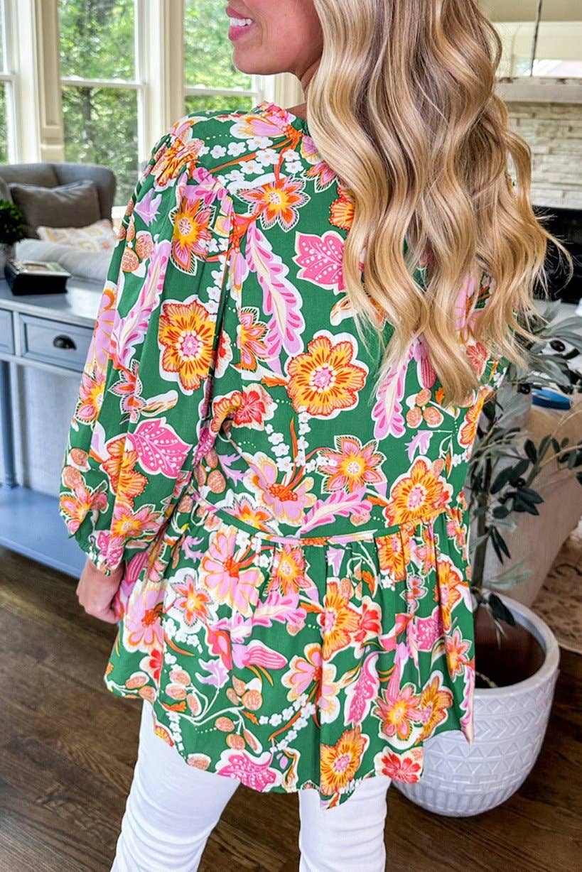 Floral Tied V-Neck 3/4 Sleeve Blouse