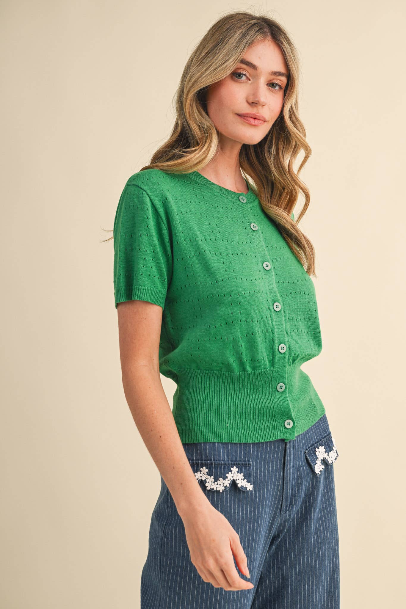 POINTELLE KNIT SHORT SLEEVE SWEATER CARDIGAN MSW11333