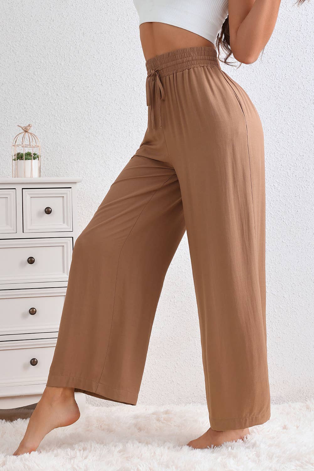 Brown Drawstring Elastic Waist Casual Wide Leg Pants