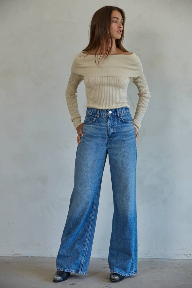 W1695 | Knit Sweater Ribbed Foldover Off The Shoulder Top