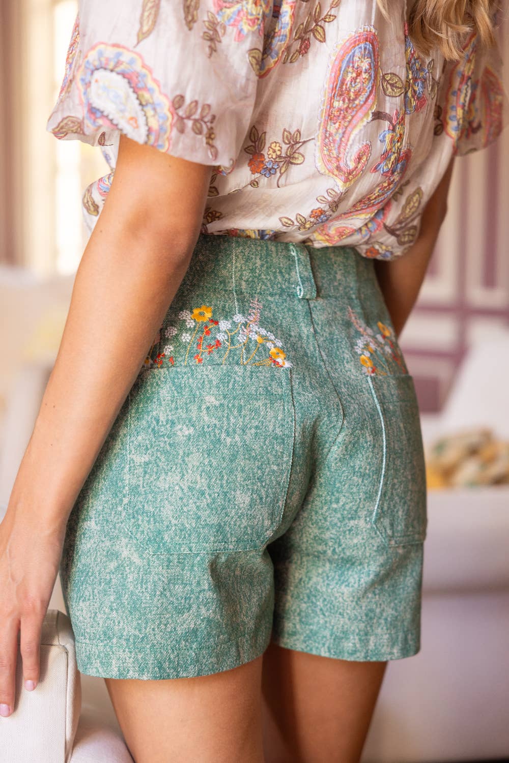 Floral Embroidery Mineral Washed Shorts