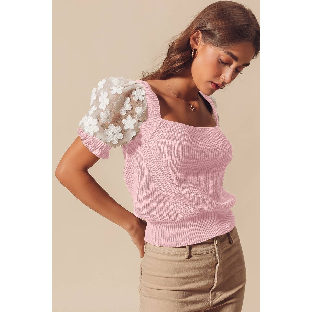 FLORAL LACE PUFF SLEEVE SQUARE NECK KNIT SWEATER