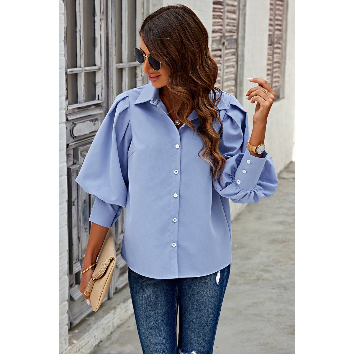 Puff Wide Sleeves Button Up Loose Fit Blouse