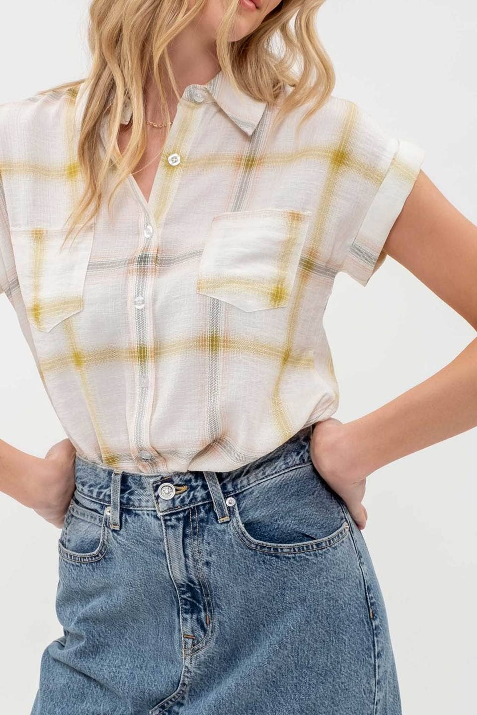 PLAID BUTTON DOWN COLLARED SHORT FOLD SLEEVE SHIRT