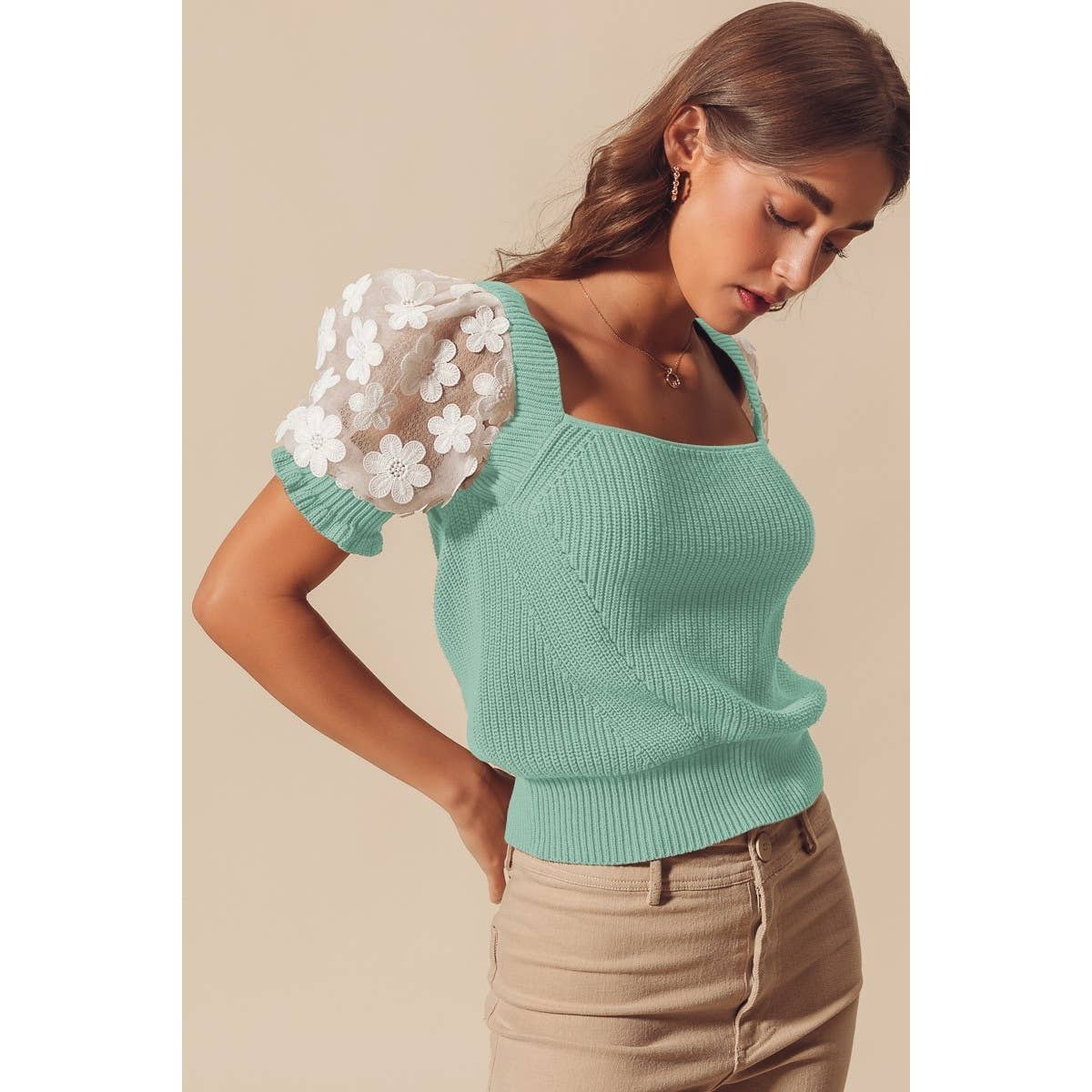 FLORAL LACE PUFF SLEEVE SQUARE NECK KNIT SWEATER