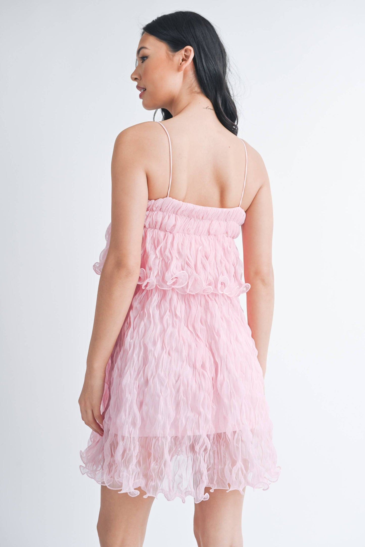 ID7877 PLEATED TULLE RUFFLED TIERED MINI DRESS