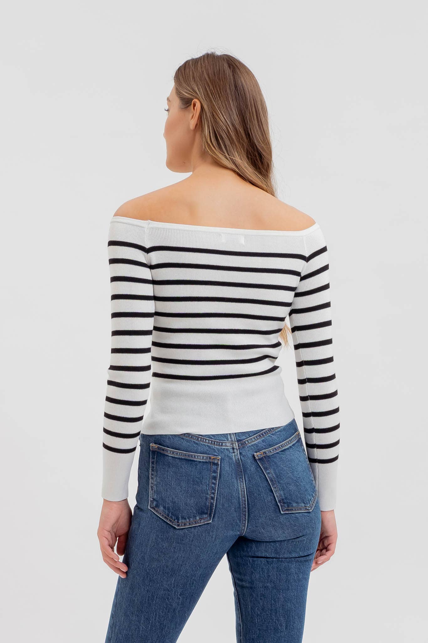 STRIPE OFF THE SHOULDER LONG SLEEVE KNIT SWEATER