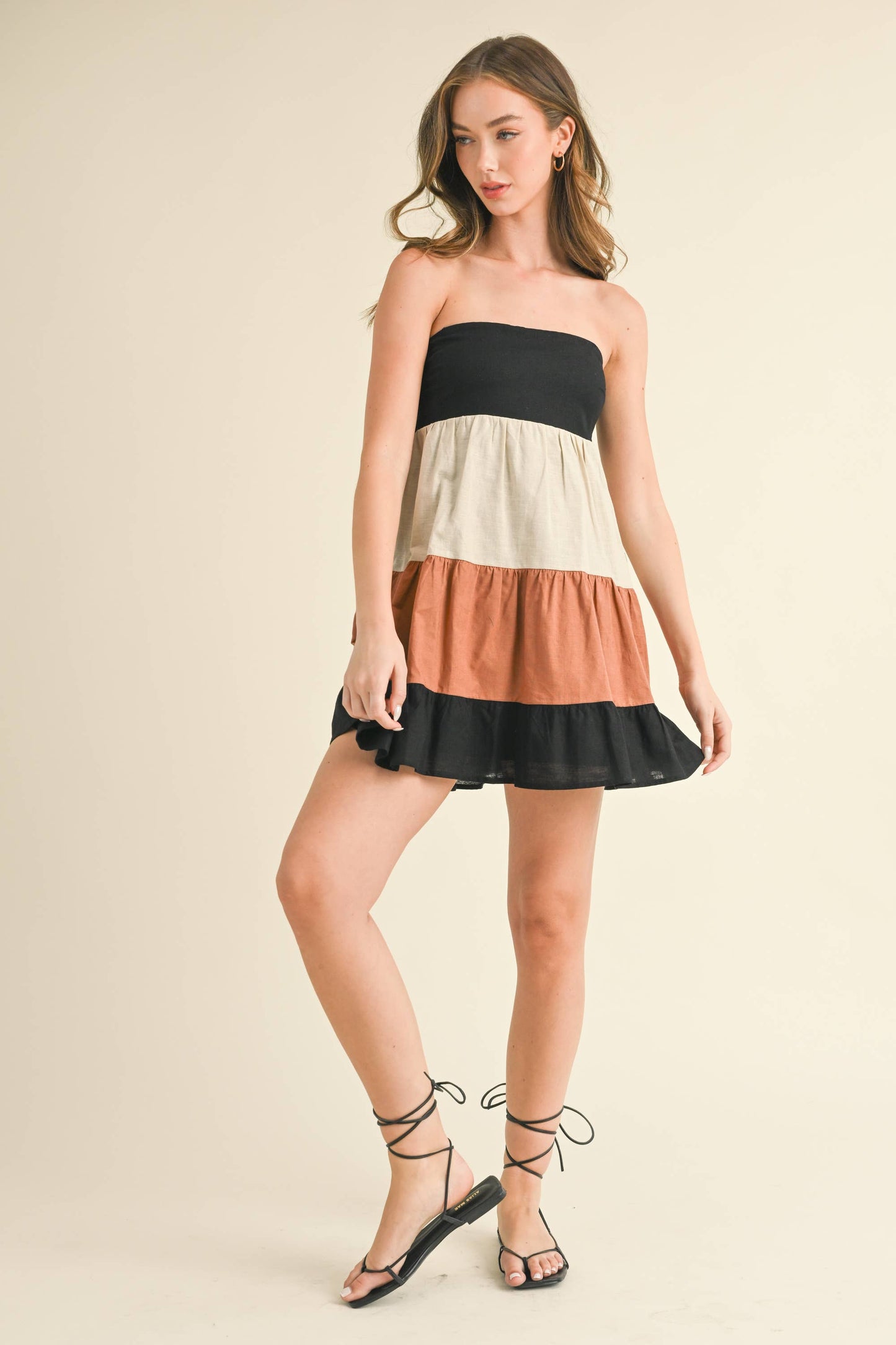 ID8180 POPLIN COLORBLOCK TUBE MINI DRESS WITH SMOCKING