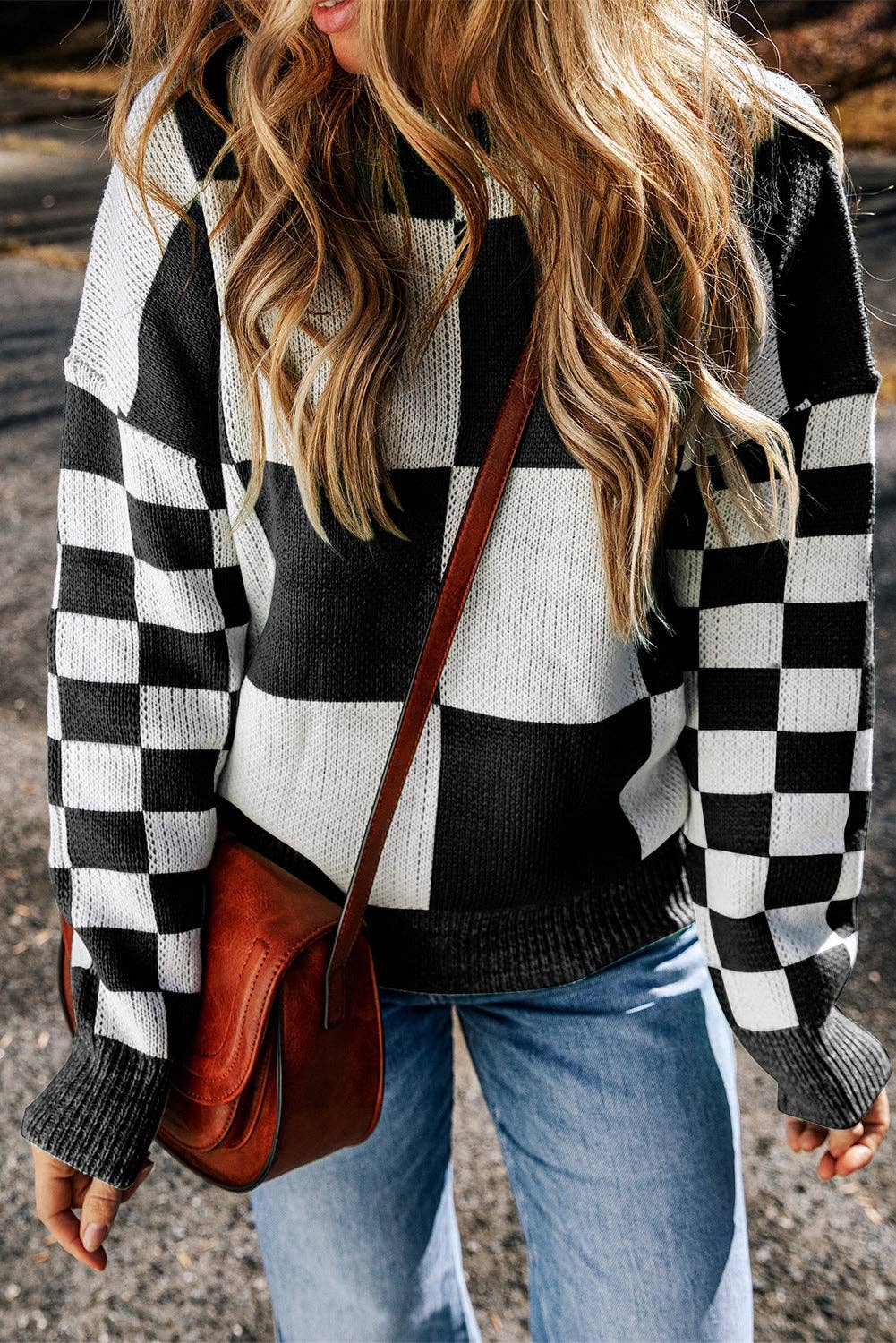 Checker Patchwork Ribbed Trim Sweater