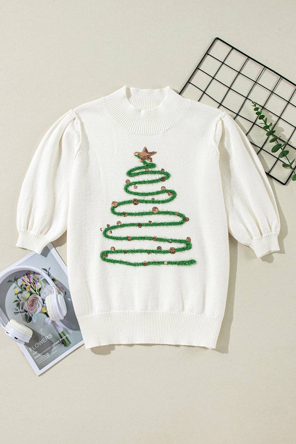 Christmas Tree Tinsel Puff Sleeve Sweater