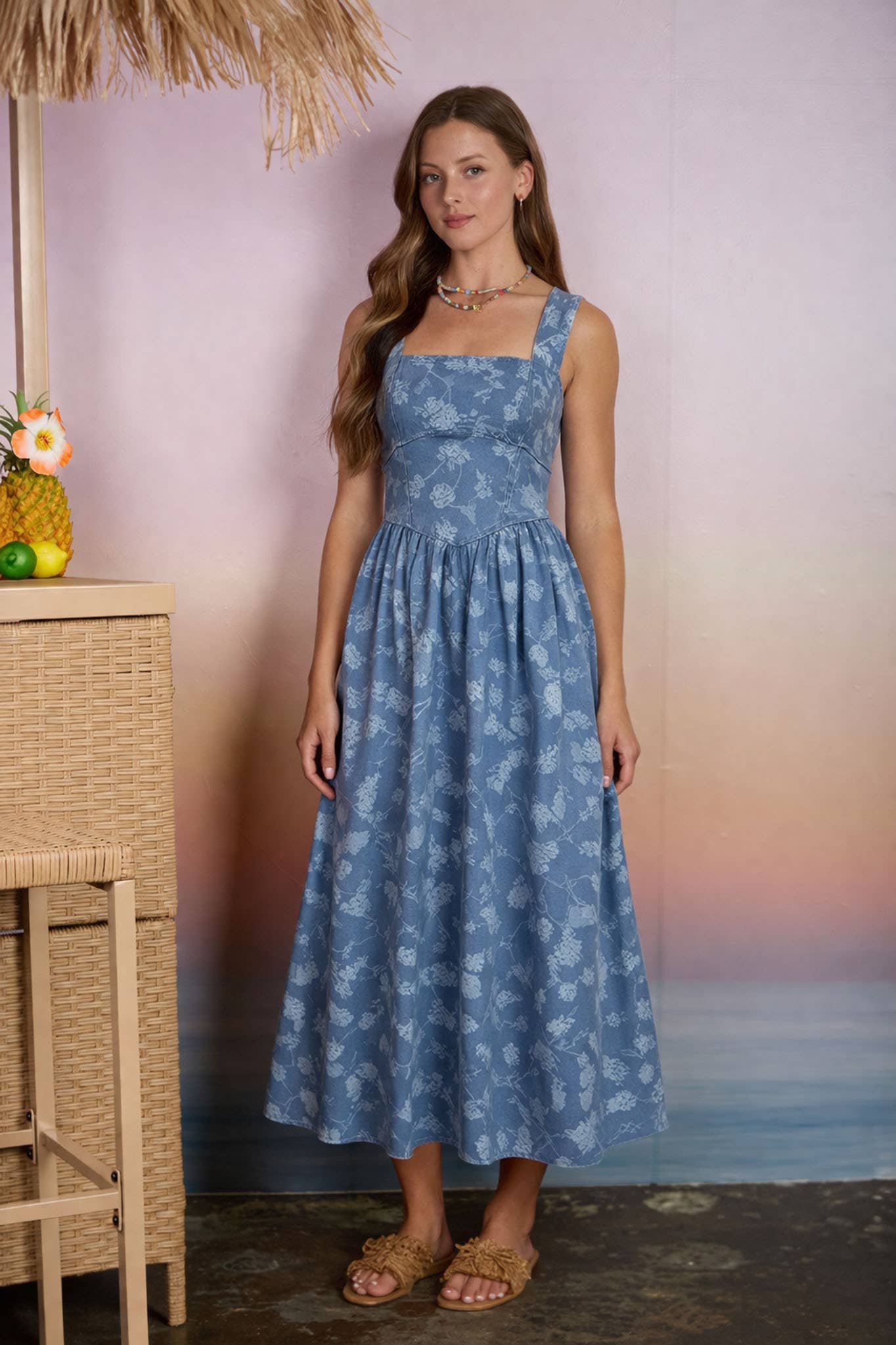 FLORAL JACQUARD CORSET DETAIL MIDI DRESS