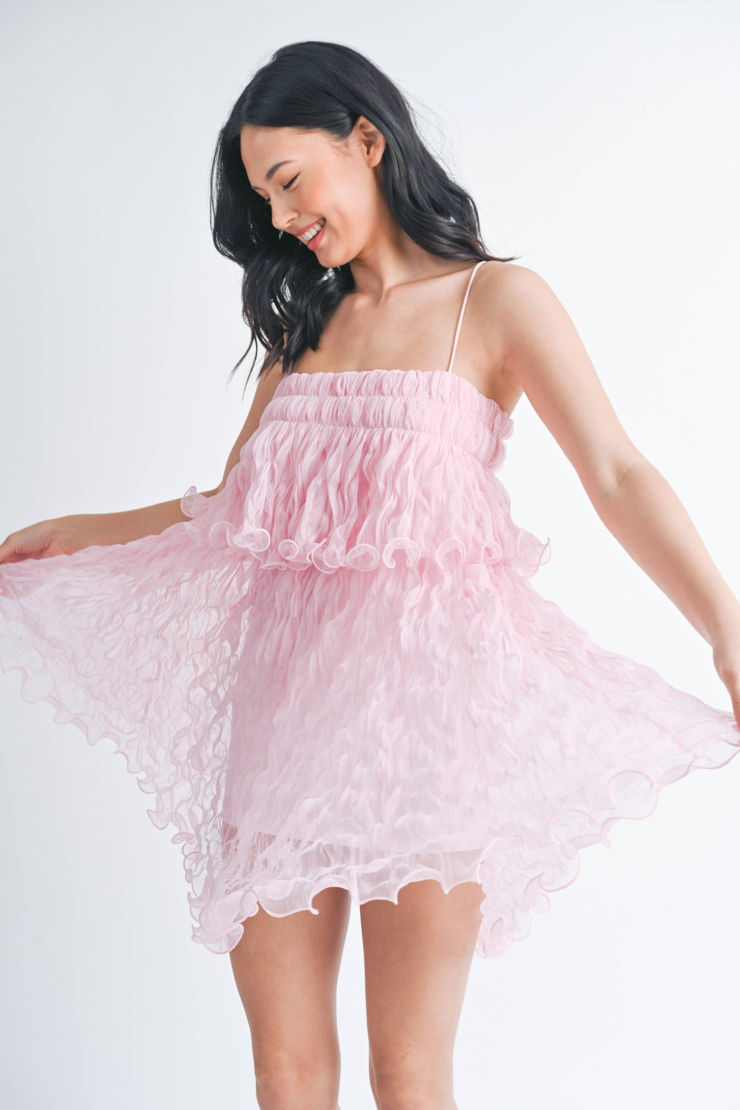 ID7877 PLEATED TULLE RUFFLED TIERED MINI DRESS