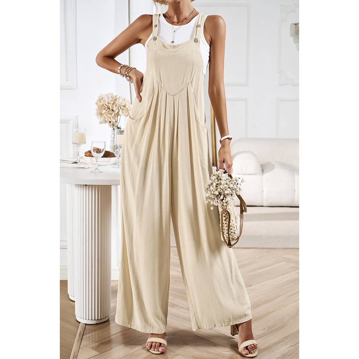 Solid Wide Leg Pocketed Shoulder Tie Overalls