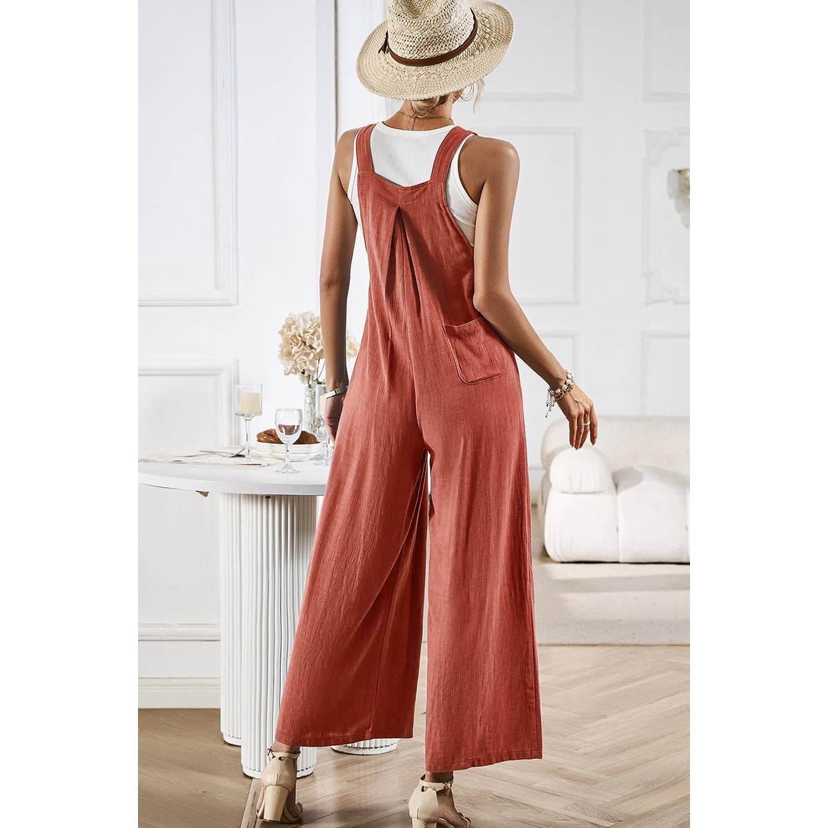 Solid Wide Leg Pocketed Shoulder Tie Overalls