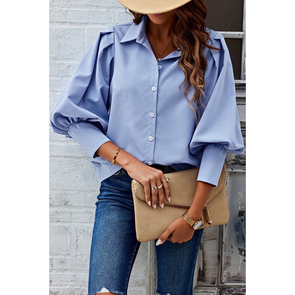 Puff Wide Sleeves Button Up Loose Fit Blouse