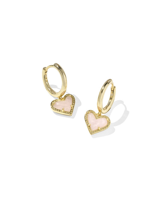 Ari Heart Gold Huggie Earrings in Rose Quartz