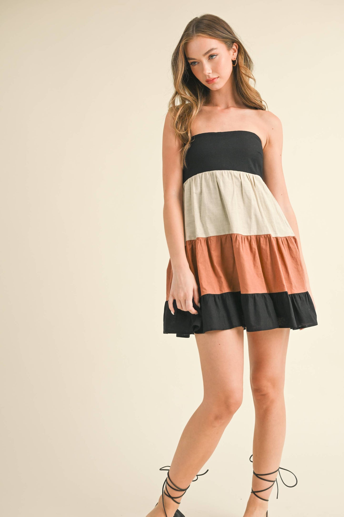 ID8180 POPLIN COLORBLOCK TUBE MINI DRESS WITH SMOCKING