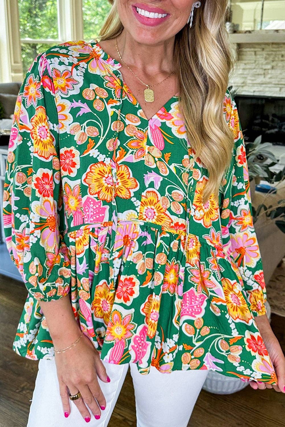 Floral Tied V-Neck 3/4 Sleeve Blouse