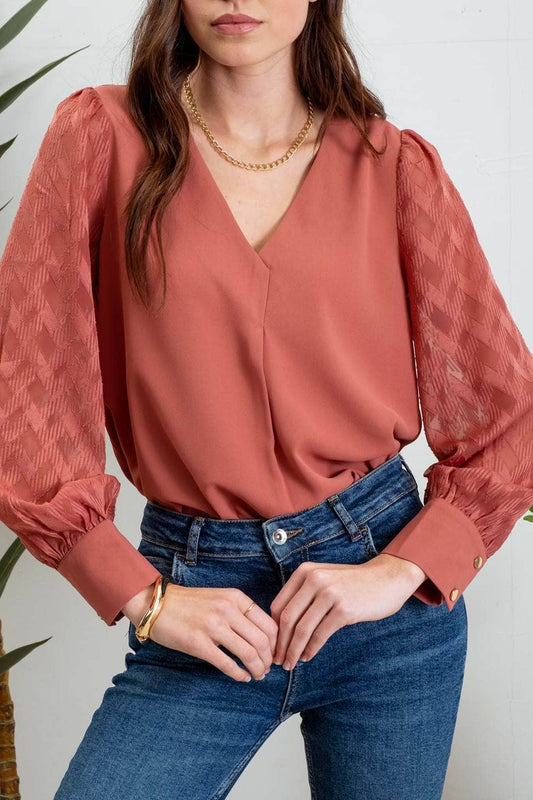 V NECK BACK BUTTONED SHEER PLAID LONG SLEEVE BLOUS