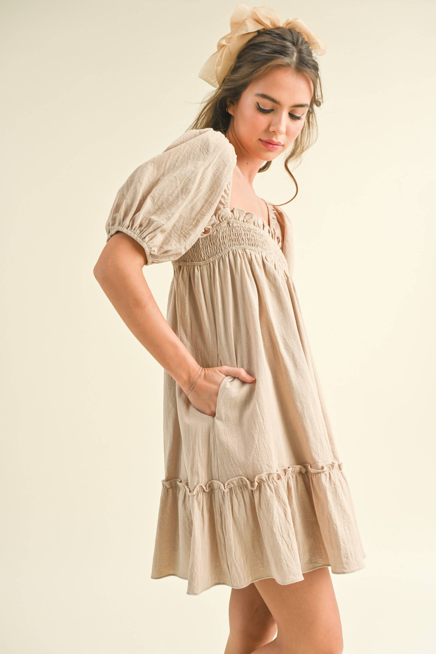 ID7048 PUFF SLEEVE SMOCKING BABY DOLL DRESS