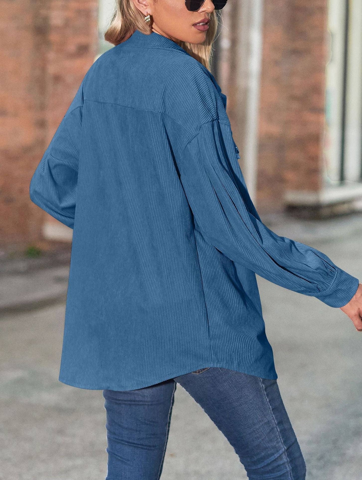 Women's Casual Loose Lantern Sleeve Corduroy Shirt