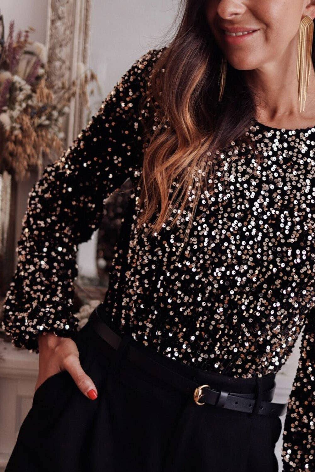 Sequin Deep V-Back Puff Sleeve Bodysuit